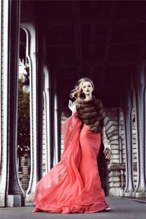 Red images - Coral pink evening dress with fur stole.jpg